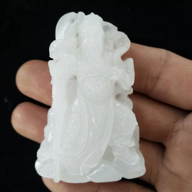 Antiguo Chino Mítico Guangong Tallado a Mano Hetian White Jade Amuletos Colgante