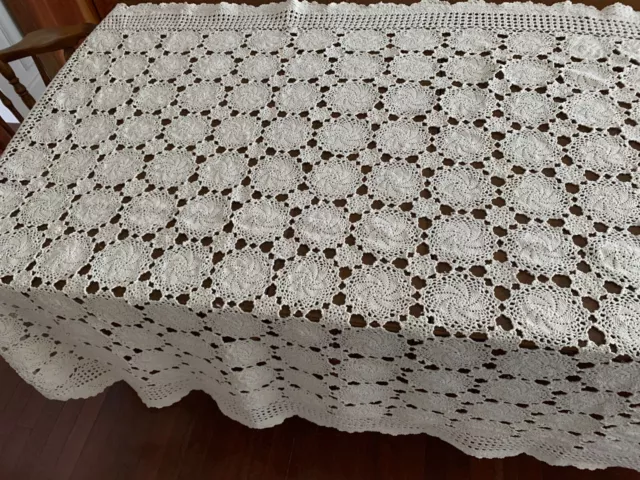 Vtintage Hand Crocheted Beige Cotton Tablecloth, 98 x 60 Rectangle Amish Made