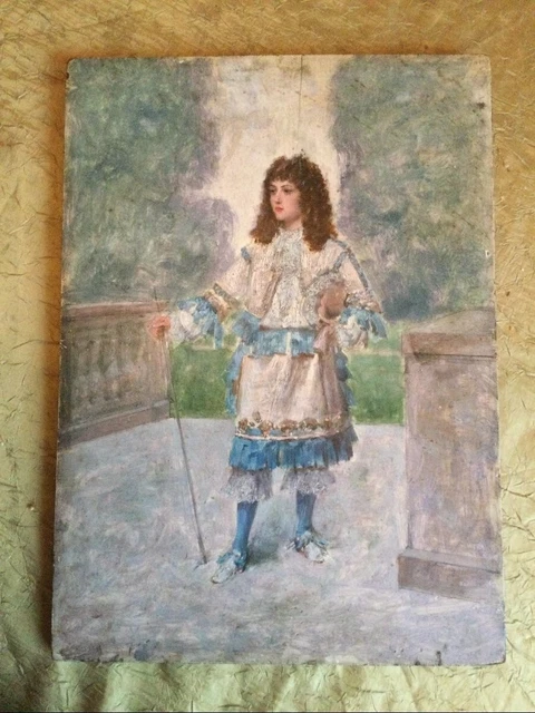 Antique Oil On Panel Painting Child In Louis Xiv Costume Art Porch Rare Old 19th