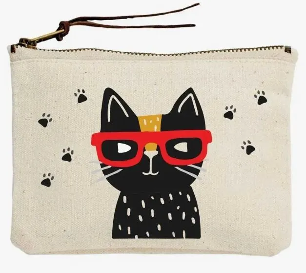 New Cool Black Cat Kitten with Shades Zipper Canvas Makeup Pencil Pouch USA Made