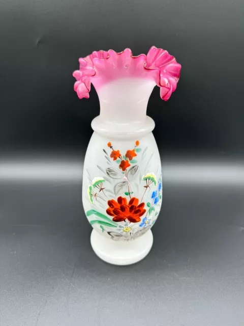 Bristol Glass Hand Painted Vase with Cranberry Ruffle top 9" tall