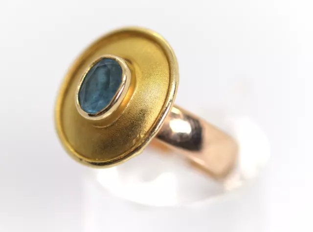 Vintage 14kt/585er Gelbgoldring B&L Sacchetto Ovalschliff Topazio Blu, Rg : 50
