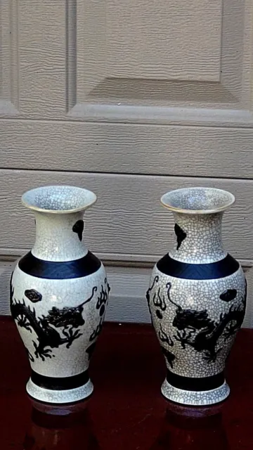 Pair Antique Chinese Qing Dynasty Dragon Crackle Glazed Vases