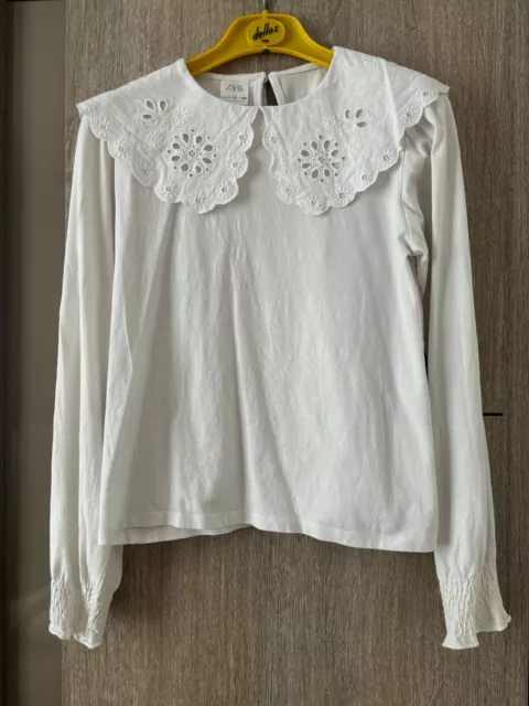 Zara Fille 2 T Shirt Manches Longues Blanc brodés 11 12 Ans 152 Cm