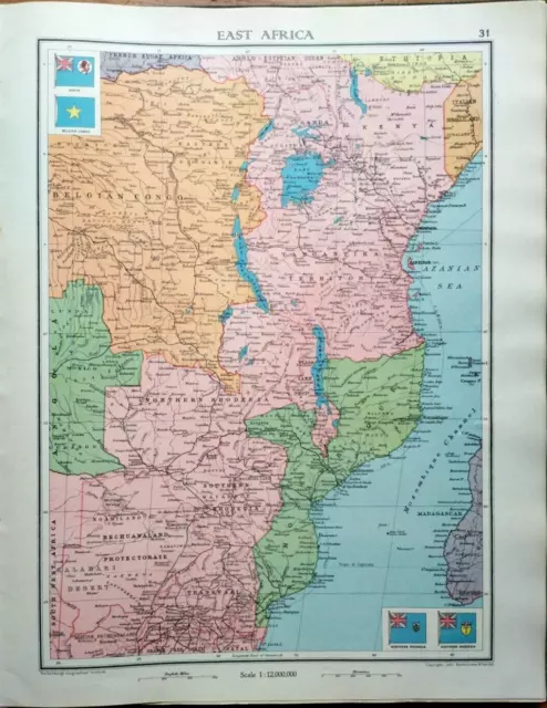 Vintage map EAST AFRICA TANGANYIKA RHODESIA CONGO MOZA 1930s, approx A3 size VGC