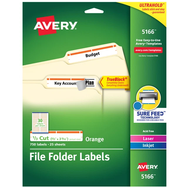 Permanent Filing Labels, 1/3 Cut, 750/PK, Orange