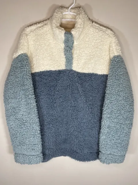 Thread & Supply Women's Sherpa Fleece Jacket Pullover Blue Ivory 1/4 Snap SMALL