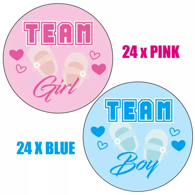 48 x Aufkleber BABY DUSCHE SPIELE Geschlecht Enthüllung Party, 24 x Team Mädchen 24 x Junge 302