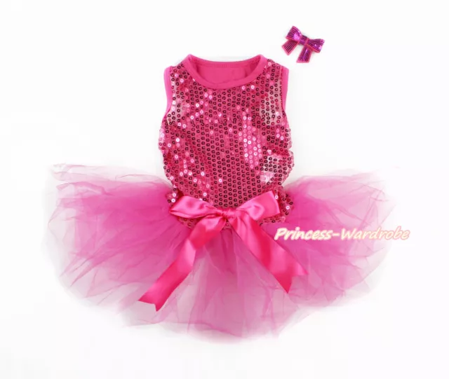 Hot Pink Sparkle Sequins Sleeveless Hot Pink Big Bow Gauze Pet Dog Dress Outfit