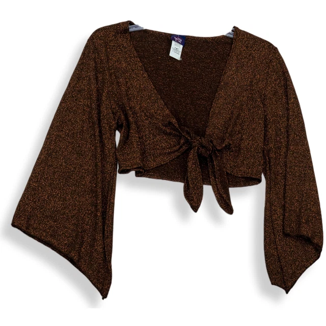 Wild Cat Womens Brown Glitter Flared Sleeve Front Knot Cropped Blouse Top Size L