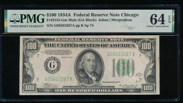 AC 1934A $100 Chicago FRN mule PMG 64 EPQ Fr 2153-G
