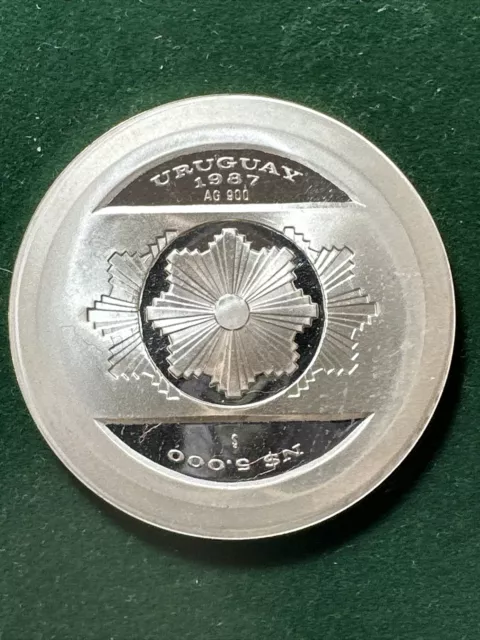 URUGUAY 1987 Silver Coin 5000 PESOS Central Bank 20 Years Jubilee Sun of May