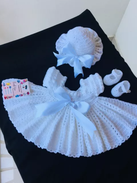 crochet newborn baby girl coming home outfit christening frock set white color