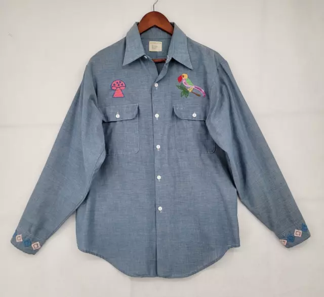 JCPenney Big Mac Vintage Embroidered Chambray Shirt Womens Medium Blue Long Slv