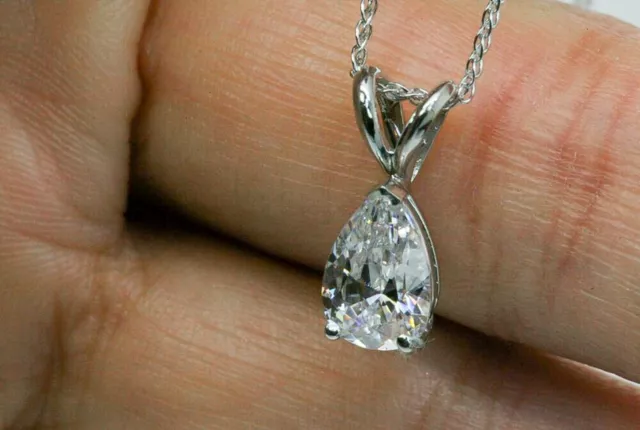 1Ct Solitaire Pendant Necklace And 18" Chain Solid 14k White  Gold Pear Shaped