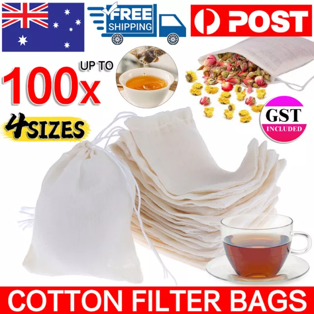 UP 100x Reusable 100% Cotton Muslin Filter Bags Spices Herbs Tea Soup Drawstring