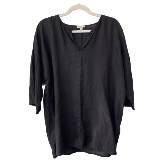 Eileen Fisher Organic Linen Tunic Top Women M V-Neck Black Casual Contemporary