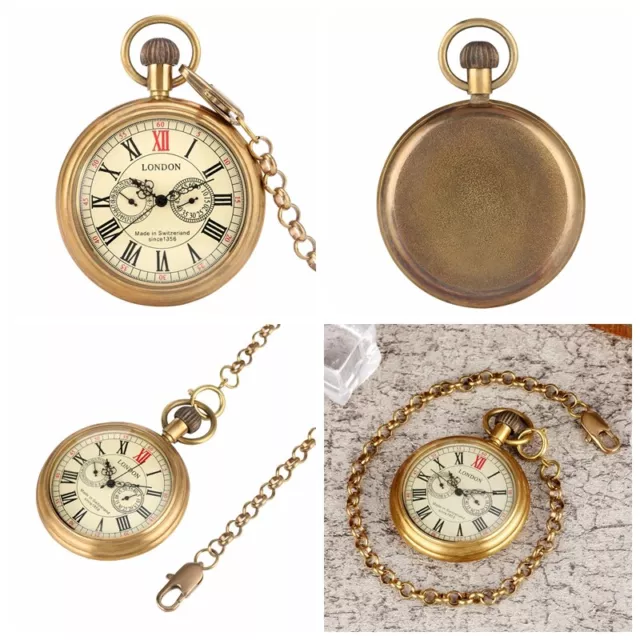Antique 2 Sub-dial Open Face Wind up Mechanical Pocket Watches Mens Gifts Luxury