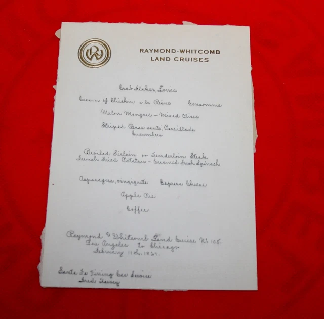 Feb 11, 1927 - Santa Fe Fred Harvey Dining Car Menu - Raymond & Whitcomb's Tours