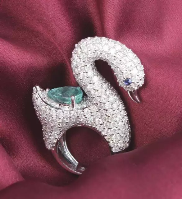 Gorgeous Sea Blue 4CT Paraiba Tourmaline With Pave Set Clear CZ Swan Design Ring