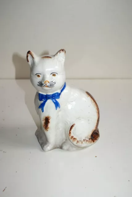 Antique 19 Century Staffordshire Cat with Bright Blue Bow