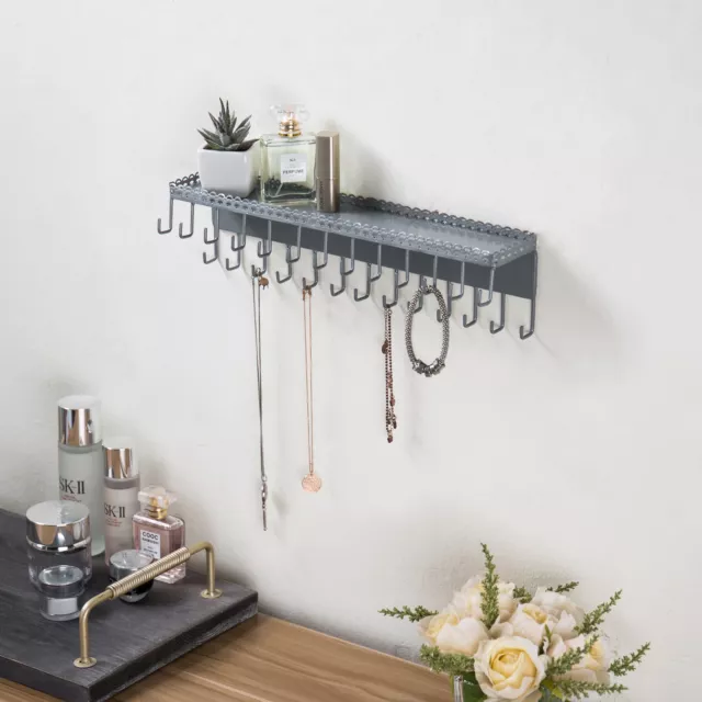 Wall Mounted Silver Metal Jewelry Display Shelf with 26 Necklace Hooks