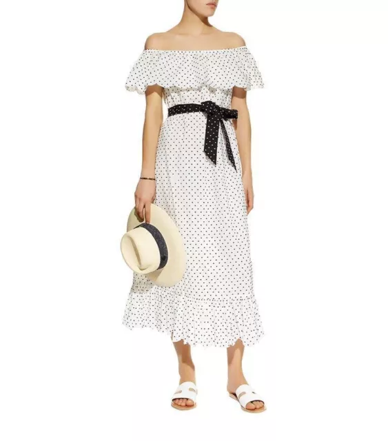 Marysia Resort Dress M White Black Off The Shoulder Embroider Polka Dot Midi NWT