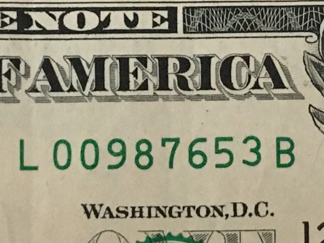 $1 One Dollar Bill Fancy Serial Number Ascending Backward Ladder Run 3 5 6 7 8 9