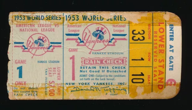 1953 WORLD SERIES Ticket Stub GAME 1 Dodgers vs Yankees JACKIE ROBINSON v MANTLE