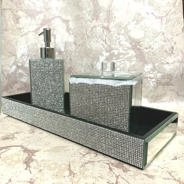 5pc BELLA LUX Rhinestone Mirror Crystal Iridescent Soap Jar Can Bath Set  Luxury