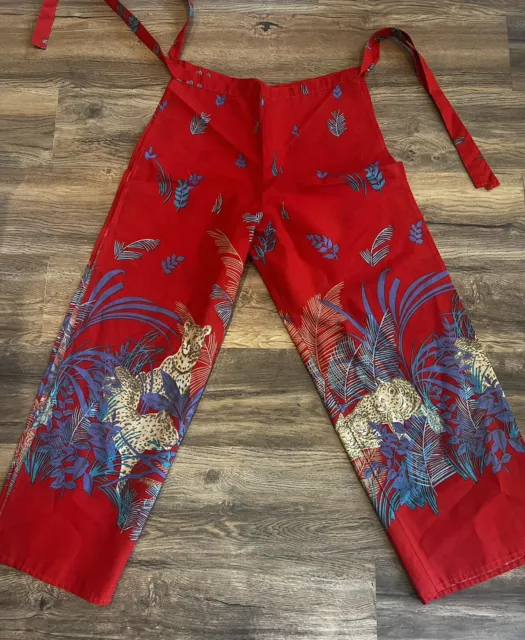 Vintage 70s Tie Side Open Leg Wide Leg Red Cheetah Print Cotton Pants Palazzo S