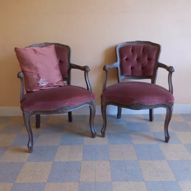 2 chaises fauteuils chauffeuses Art Nouveau bois velours fait main France N3817