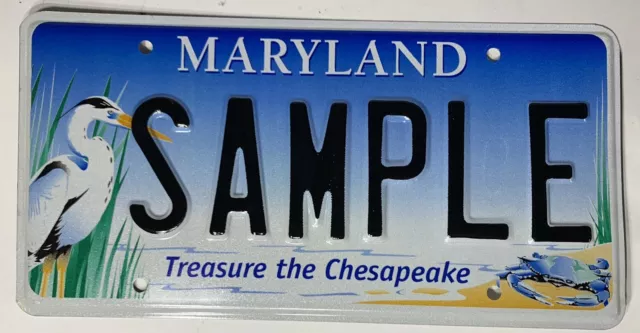 Maryland SAMPLE License Plate -Treasure the Chesapeake- Heron, Blue Crab - Mint