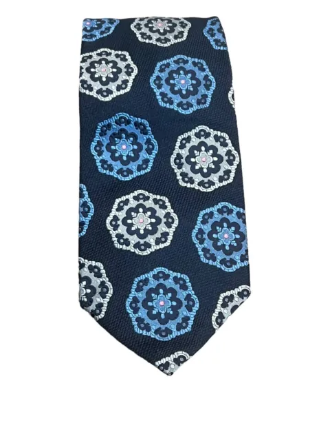 Paul Smith Men's Neck Tie Navy Silk Woven Twill Floral Medallion Italy Luxury