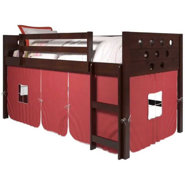 Donco Kids Circles Twin Wooden Low Loft Bed with Red Tent in Cappuccino