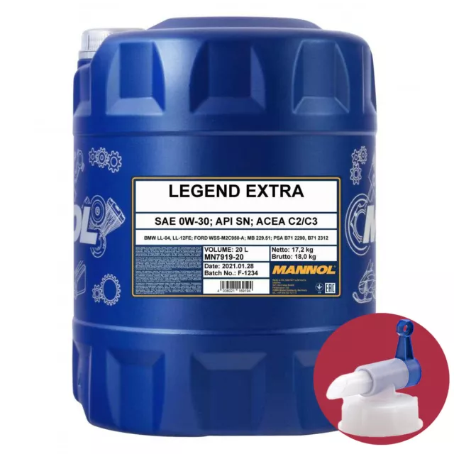 MANNOL huile moteur 0W-30 Legend Extra Api Sn Acea C2/C3 20L+ Robinet Bec