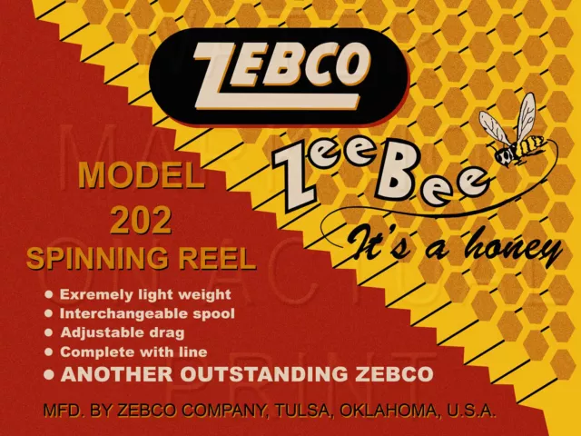 Reproduced Vintage Zebco Zee Bee Reel Box Label on Satin Canvas