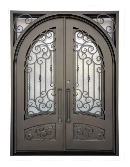 Conroe Double Front Entry Wrought Iron Door Aqua Glass 72" x 82" Right Active