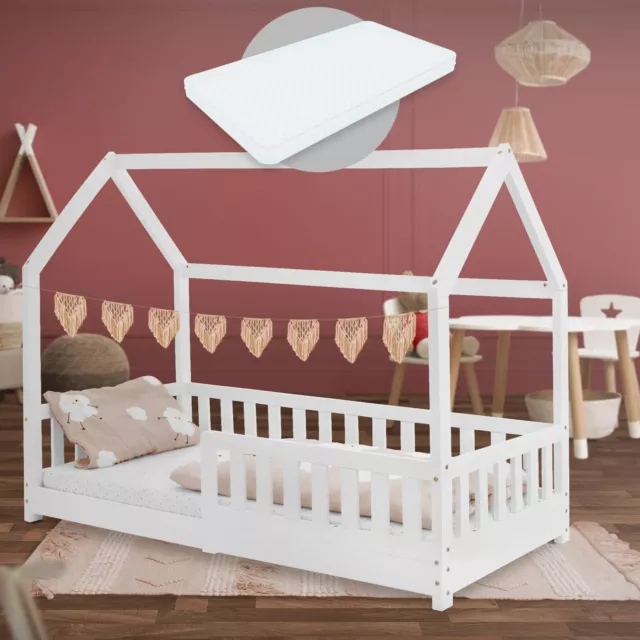 Cama infantil blanca con colchón de espuma fría techo somier cuna 80x160 cm