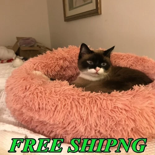 Soft Plush Donut Pet Bedding Winter Warm Sleeping Round Fluffy Pet Calming Bed