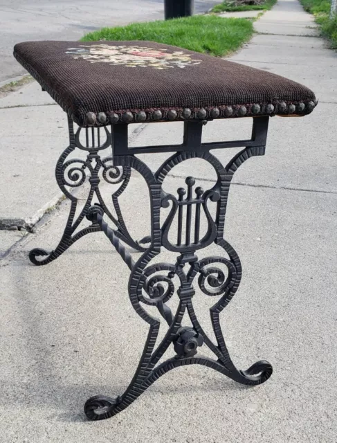 Antique Victorian Ornate Cast Iron Needlepoint Top Piano Music Bench Stool Chair Antique Victorian Ornate Cast Iron Needlepoint Top Piano Music Bench Stool Chair