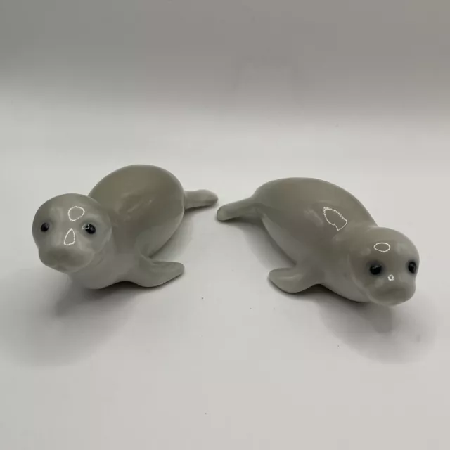 Vintage Otagiri Hand Painted Grey Baby Seal Sea Lions Ceramic Figurine Lot of 2