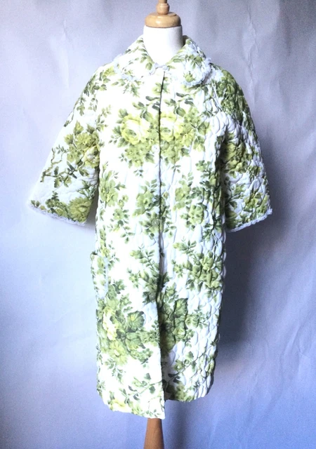VINTAGE 1950S 60S Nylon Housecoat Dressing Gown Robe Green White