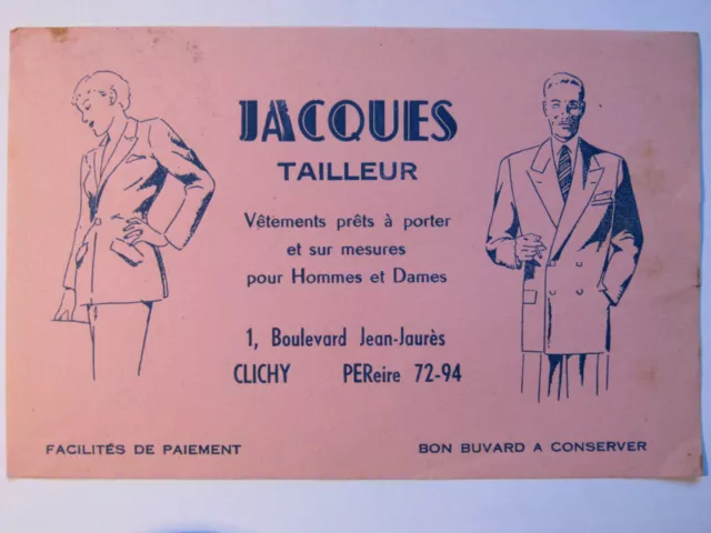 10C19 Ancien Buvard Publicitaire Jacques Tailleur Vêtements Prêt A Porter Clichy