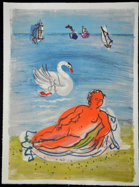 SUPERBE  LITHOGRAPHIE de Raoul DUFY " Sur la Plage , le Cygne  "