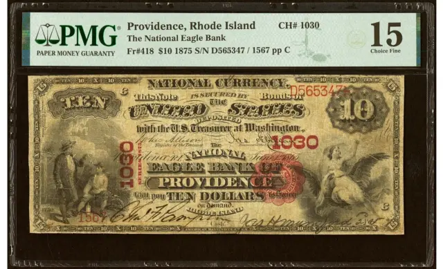 1875 PMG FINE 15 $10 National Currency Eagle Bank of Providence Rhode Island RI