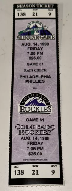 8/14/98 Phillies Colorado Rockies Coors Field MLB Season Style Full Ticket Stub