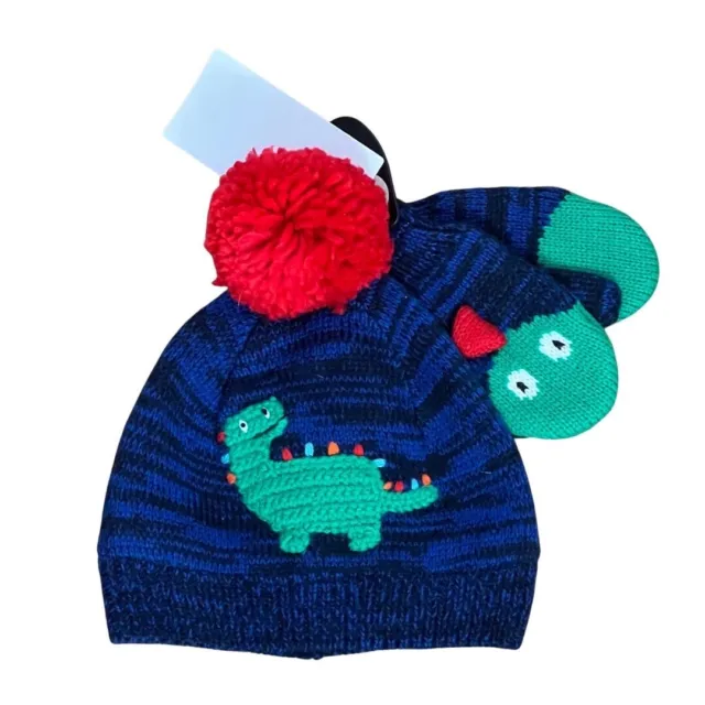 Set cappelli e guanti bambini M&S blu rosso e verde dinosauro età 18-36 mesi nuovi