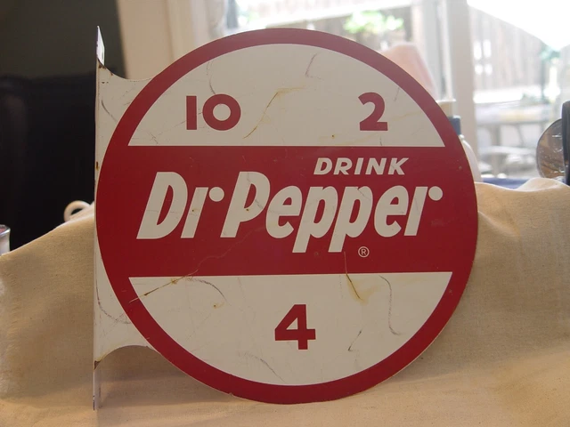 Vintage 12" Drink Dr Pepper 10-2-4 2-Sided Metal Advertising Soda Flange Sign