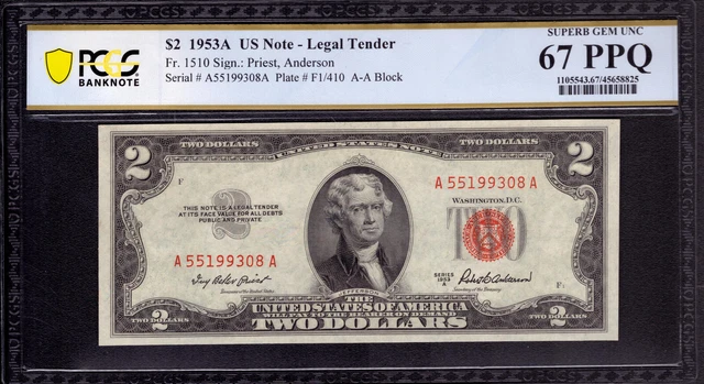 1953 A $2 Legal Tender Red Seal Note Fr.1510 Aa Block Pcgs B Superb Gem 67 Ppq